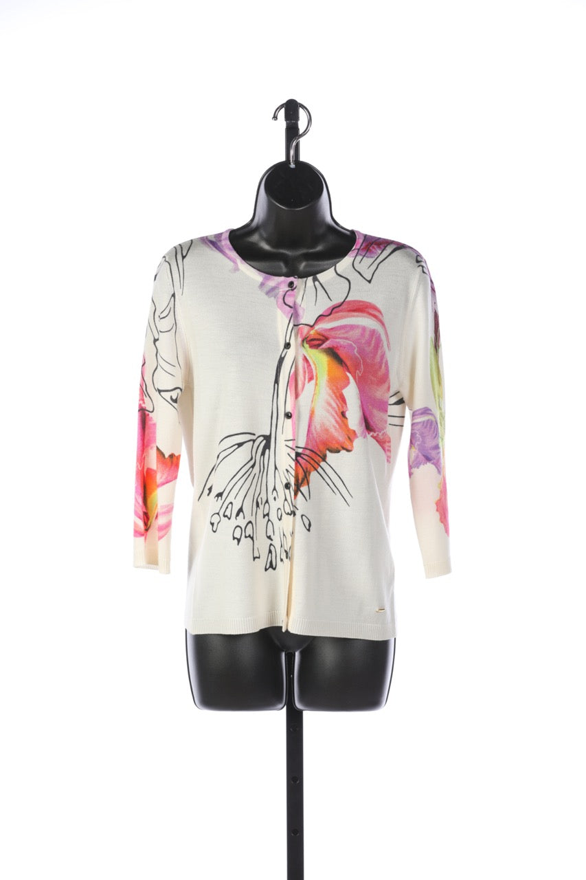 Escada White with Bright Floral 3/4 Sleeve Button up Sweater (Part of Set)