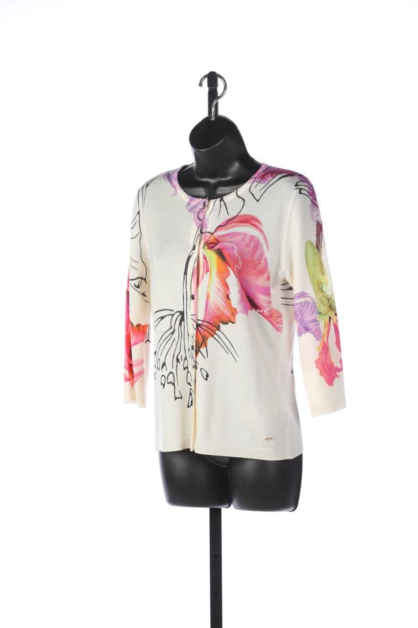 Escada White with Bright Floral 3/4 Sleeve Button up Sweater (Part of Set)