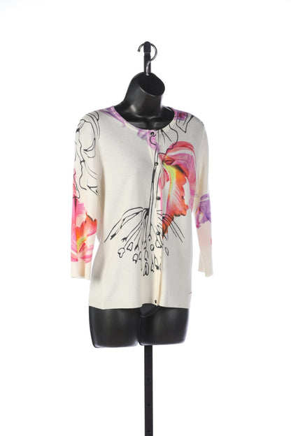 Escada White with Bright Floral 3/4 Sleeve Button up Sweater (Part of Set)