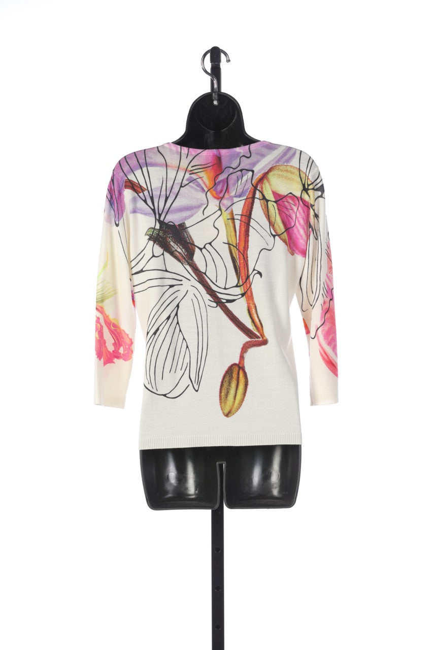 Escada White with Bright Floral 3/4 Sleeve Button up Sweater (Part of Set)