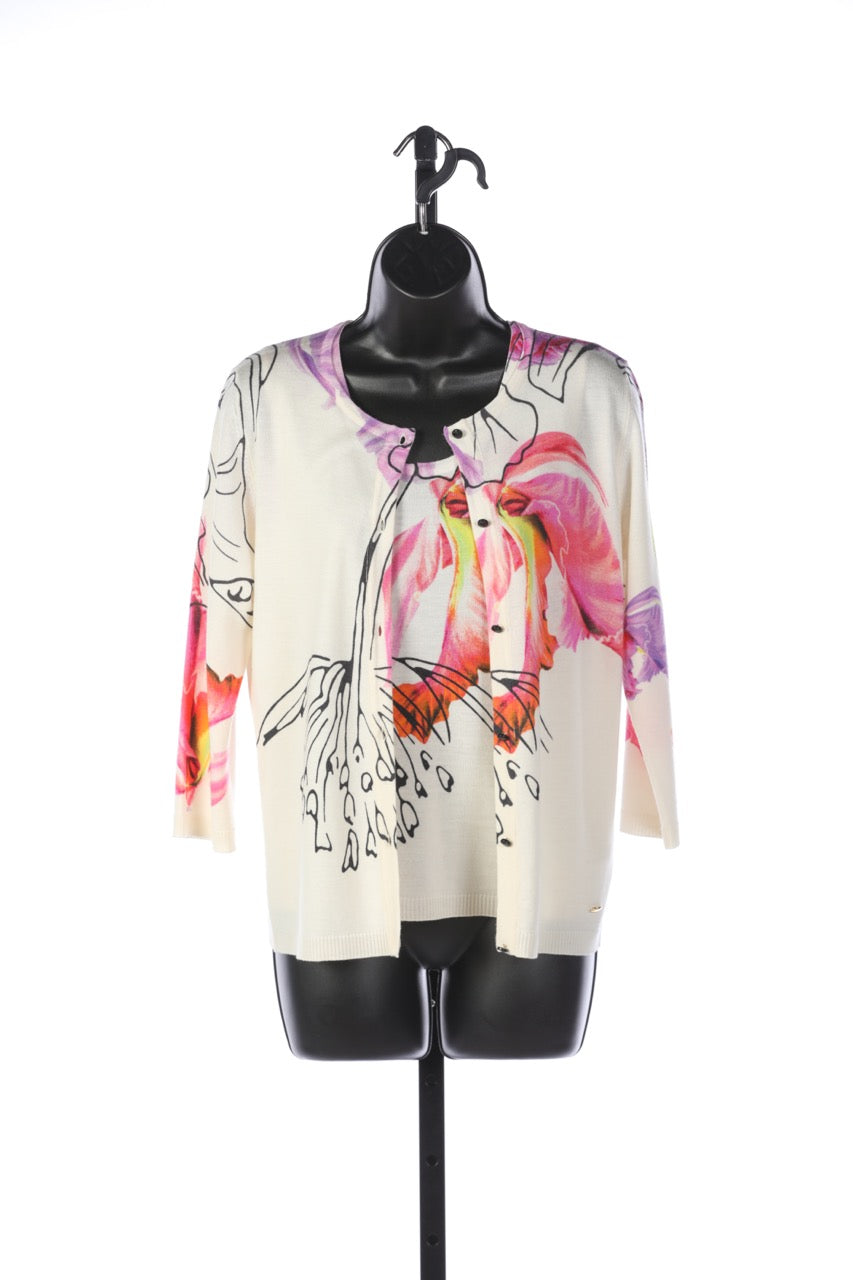 Escada White with Bright Floral 3/4 Sleeve Button up Sweater (Part of Set)