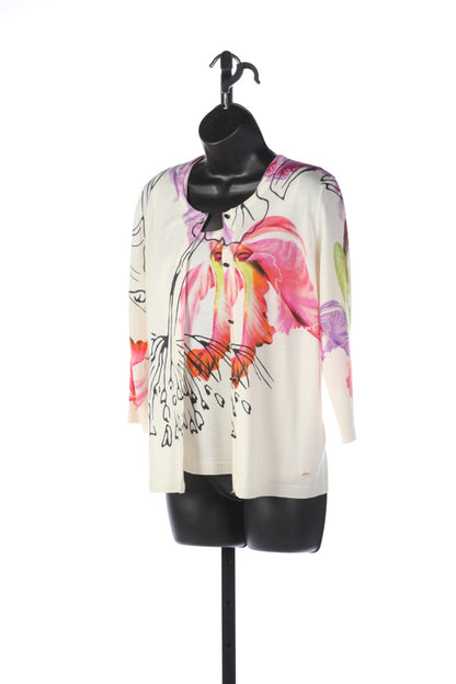 Escada White with Bright Floral 3/4 Sleeve Button up Sweater (Part of Set)