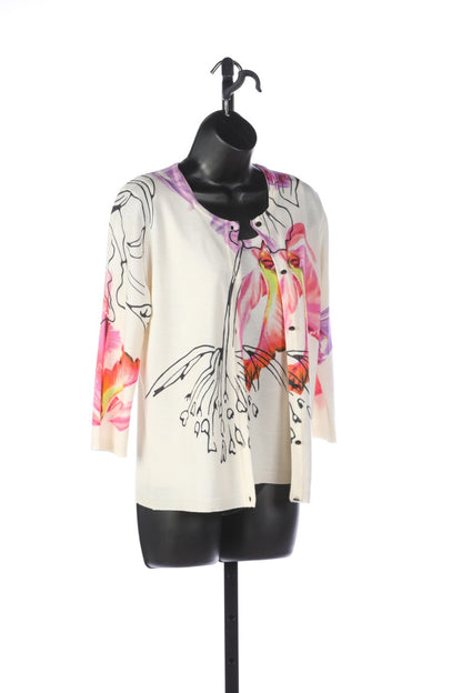 Escada White with Bright Floral 3/4 Sleeve Button up Sweater (Part of Set)