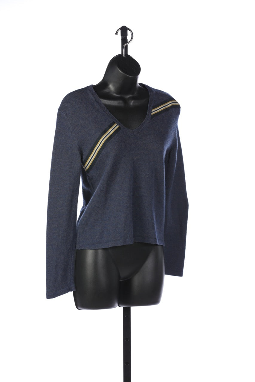 Chloé Blue Diagonal Stripe with Yellow Detail V-Neck Long Sleeve Sweater