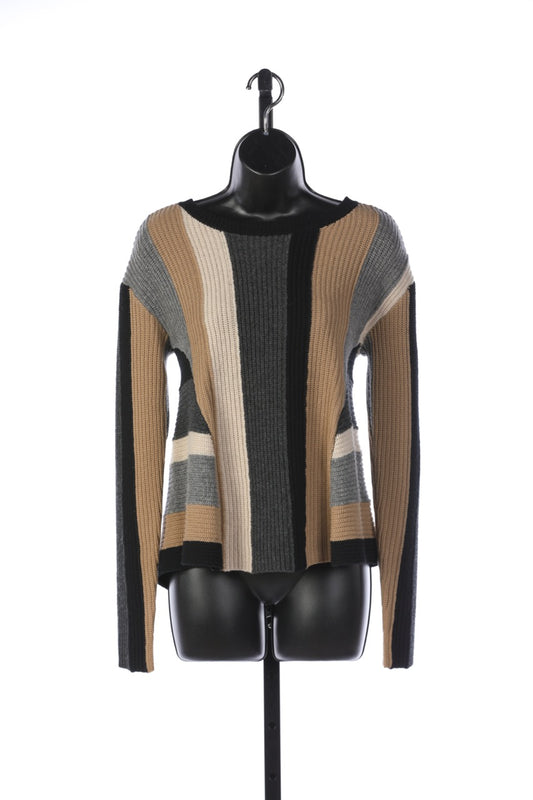 Akris Punto Wool Black, Grey, & Neutral Color-block Long Sleeve Crew Neck Sweater with Back Zip