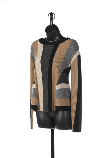 Akris Punto Wool Black, Grey, & Neutral Color-block Long Sleeve Crew Neck Sweater with Back Zip