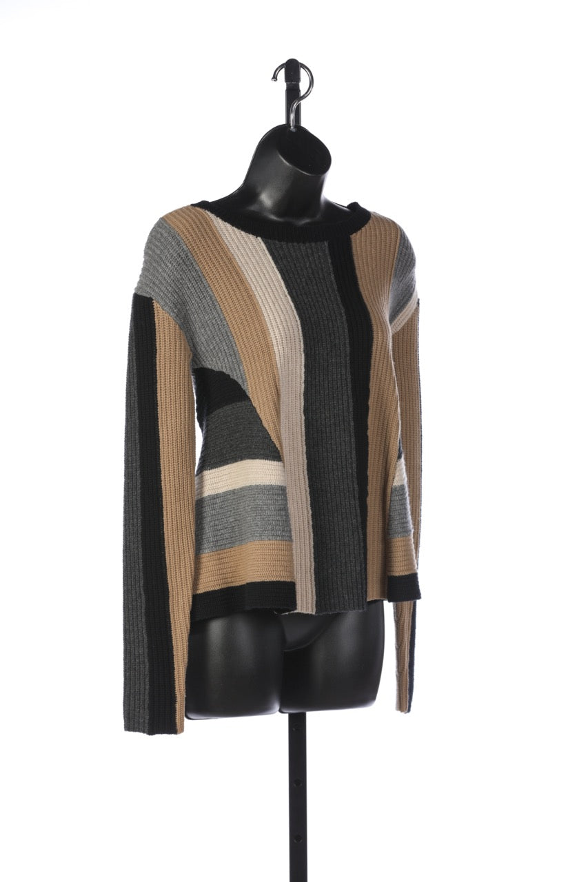 Akris Punto Wool Black, Grey, & Neutral Color-block Long Sleeve Crew Neck Sweater with Back Zip