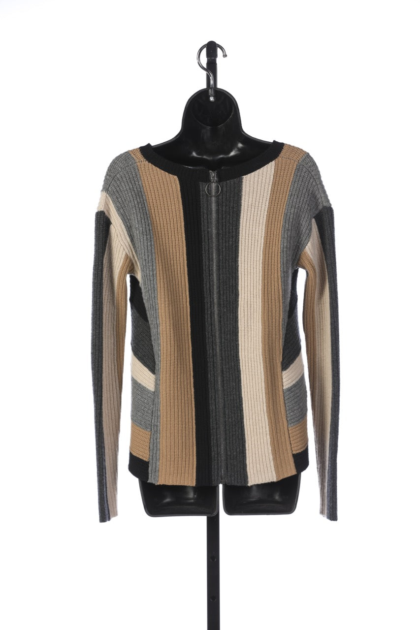 Akris Punto Wool Black, Grey, & Neutral Color-block Long Sleeve Crew Neck Sweater with Back Zip