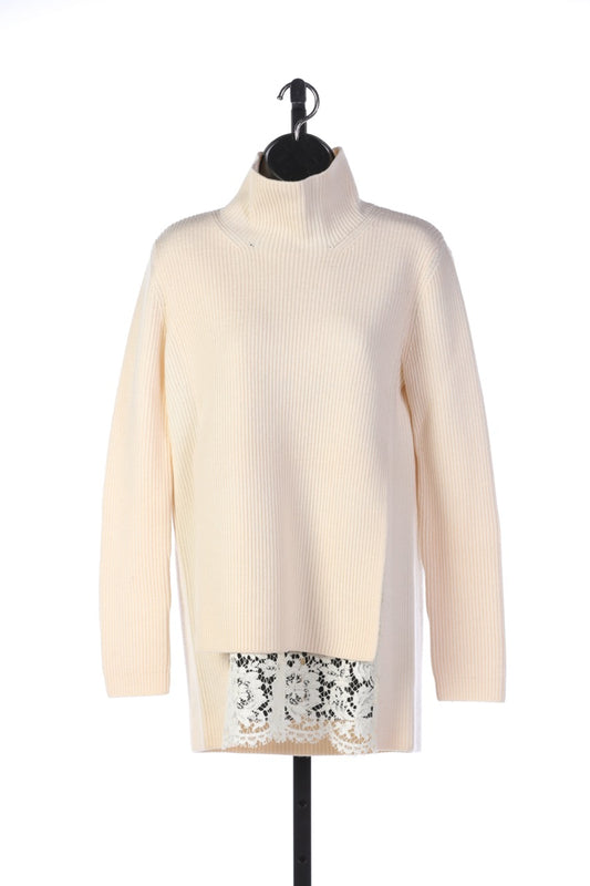 Valentino Cream Turtle Neck Long Sleeve Sweater with Attached Lace Layer