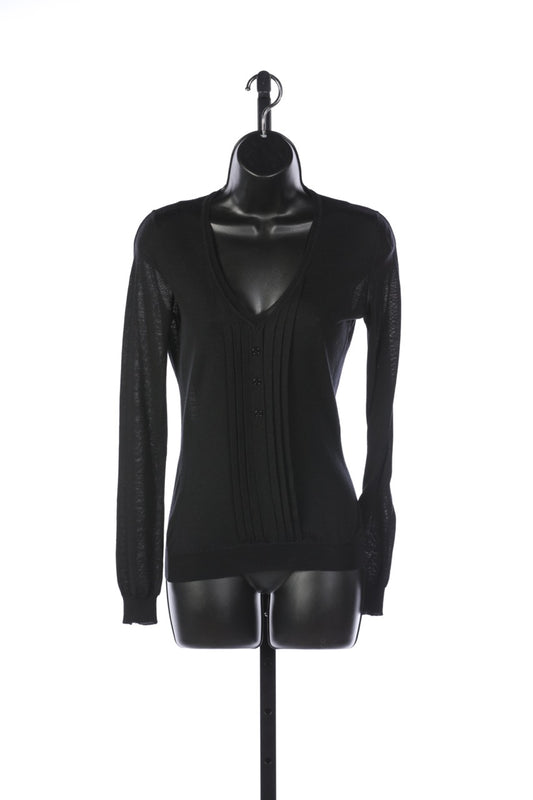 Burberry Black Long Sleeve V-Neck Top w Button Detail