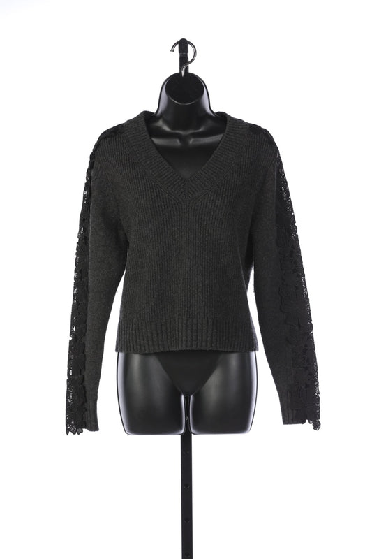 See By Chloe Dark Grey V-Neck Sweater with Black Floral Lace Detail on Sleeves