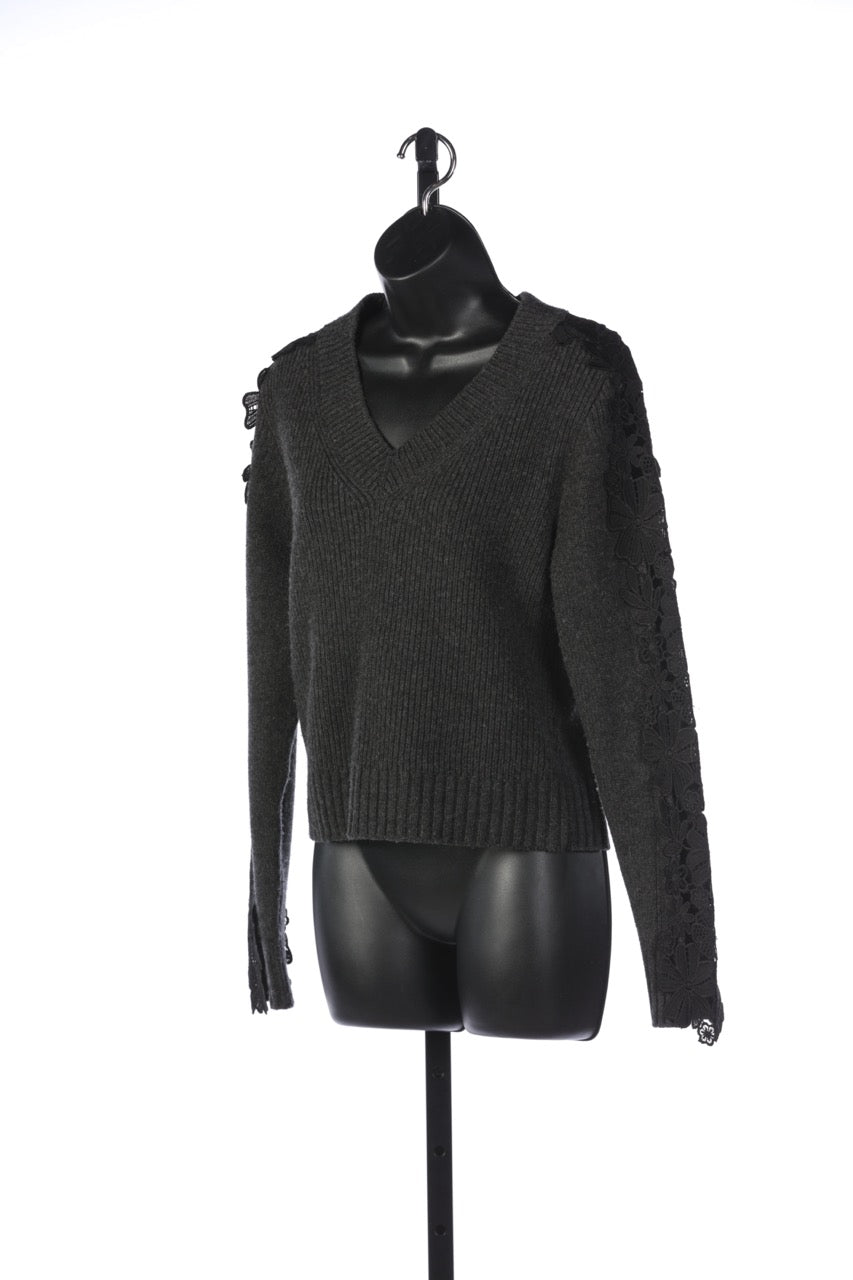 See By Chloe Dark Grey V-Neck Sweater with Black Floral Lace Detail on Sleeves