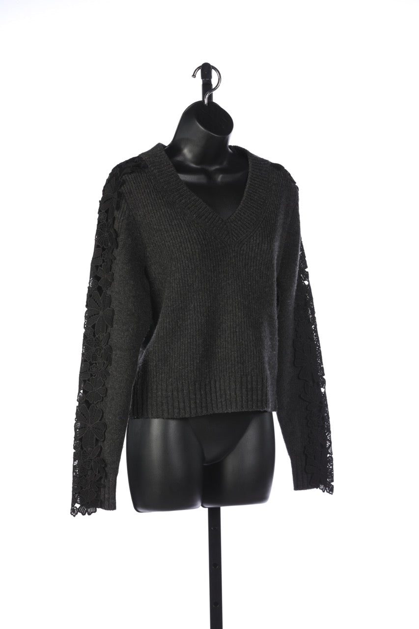 See By Chloe Dark Grey V-Neck Sweater with Black Floral Lace Detail on Sleeves