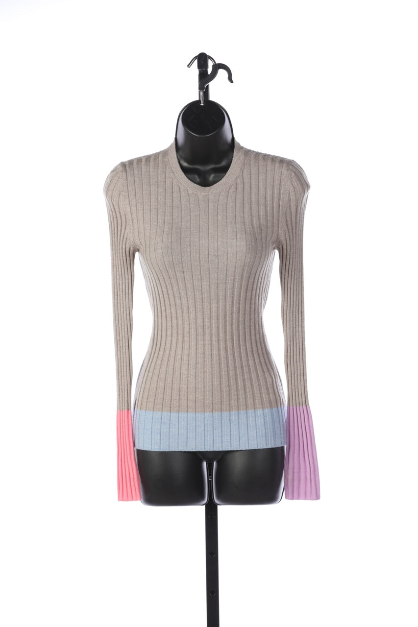 JW Anderson Taupe Wool Crew Neck Ribbed Sweater w/ Pink, Purple & Blue Color Block