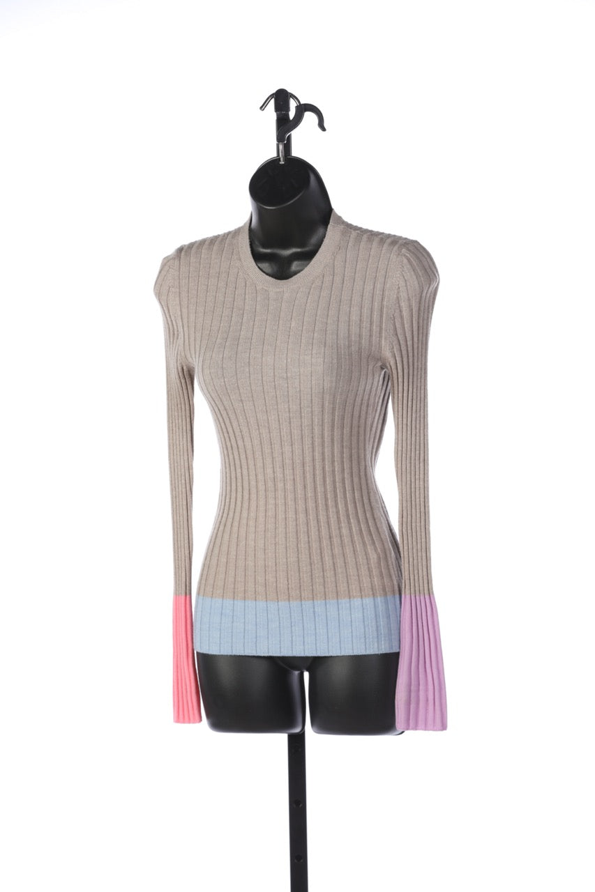 JW Anderson Taupe Wool Crew Neck Ribbed Sweater w/ Pink, Purple & Blue Color Block