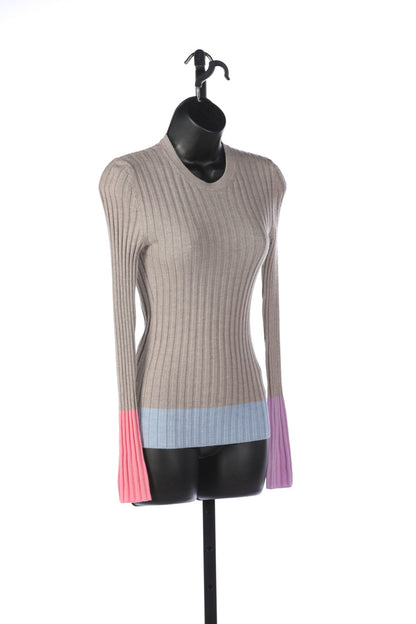 JW Anderson Taupe Wool Crew Neck Ribbed Sweater w/ Pink, Purple & Blue Color Block