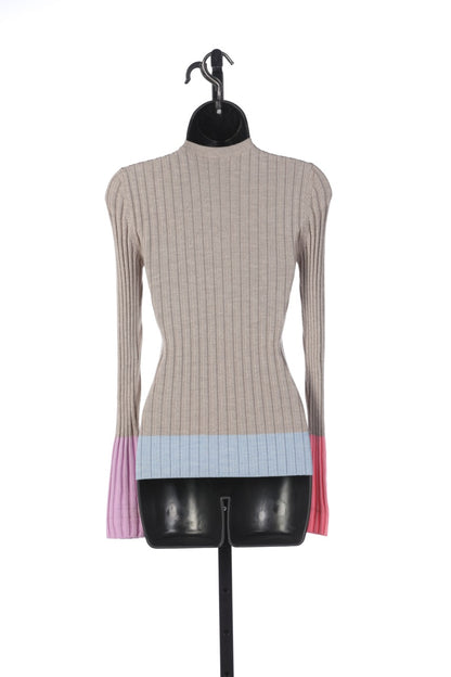 JW Anderson Taupe Wool Crew Neck Ribbed Sweater w/ Pink, Purple & Blue Color Block