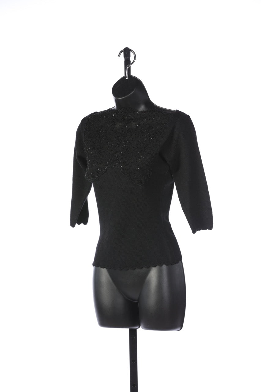 Zang Toi Silk/Wool/Cashmere Black w Sequin Lace Detail Half Sleeve Top