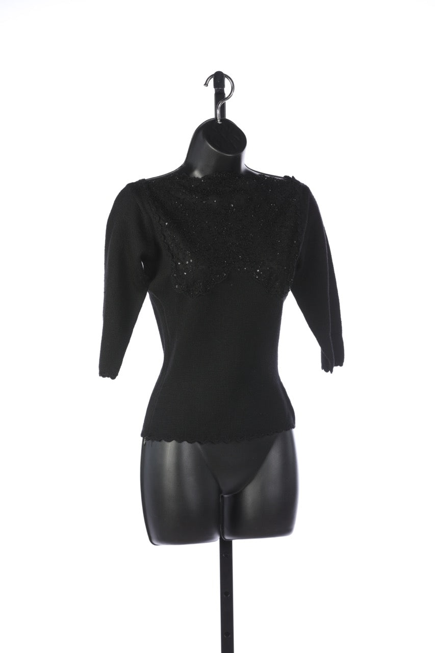 Zang Toi Silk/Wool/Cashmere Black w Sequin Lace Detail Half Sleeve Top