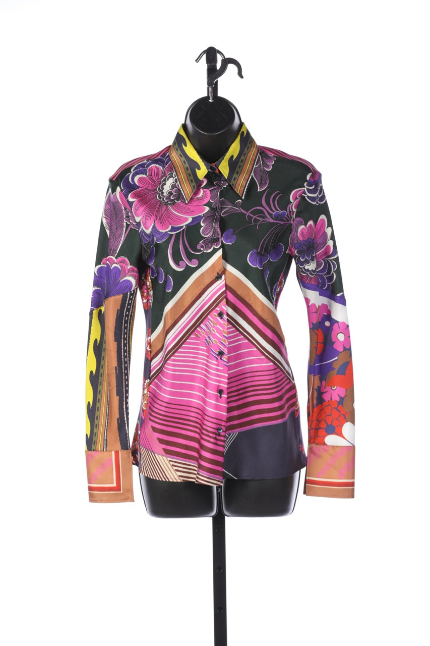 Chloe Silk Pink Multicolor Printed Long Sleeve Button Up Blouse