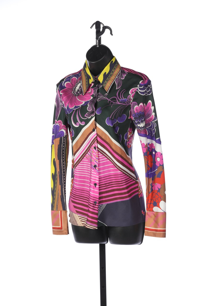 Chloe Silk Pink Multicolor Printed Long Sleeve Button Up Blouse