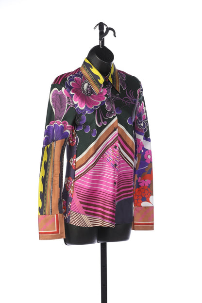 Chloe Silk Pink Multicolor Printed Long Sleeve Button Up Blouse