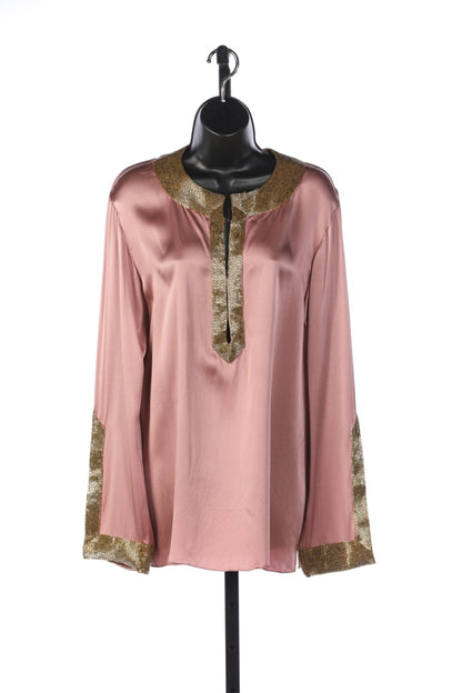 Roberto Cavalli Rose w Gold Beading V-Neck Embellished Tunic Blouse