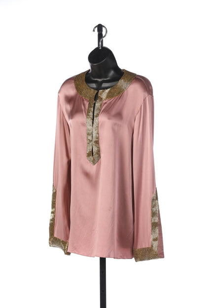 Roberto Cavalli Rose w Gold Beading V-Neck Embellished Tunic Blouse