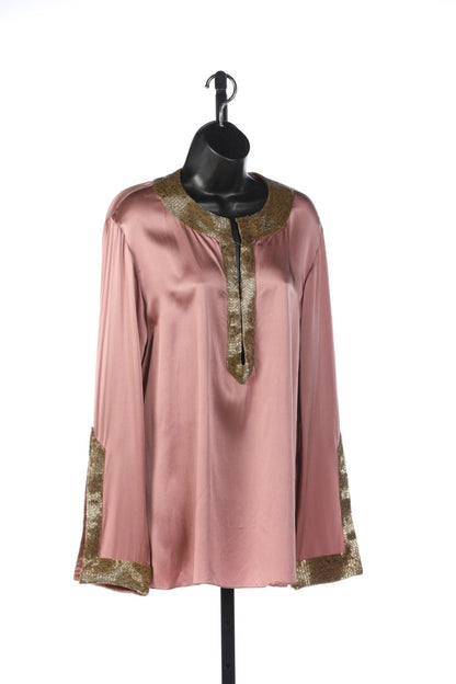 Roberto Cavalli Rose w Gold Beading V-Neck Embellished Tunic Blouse