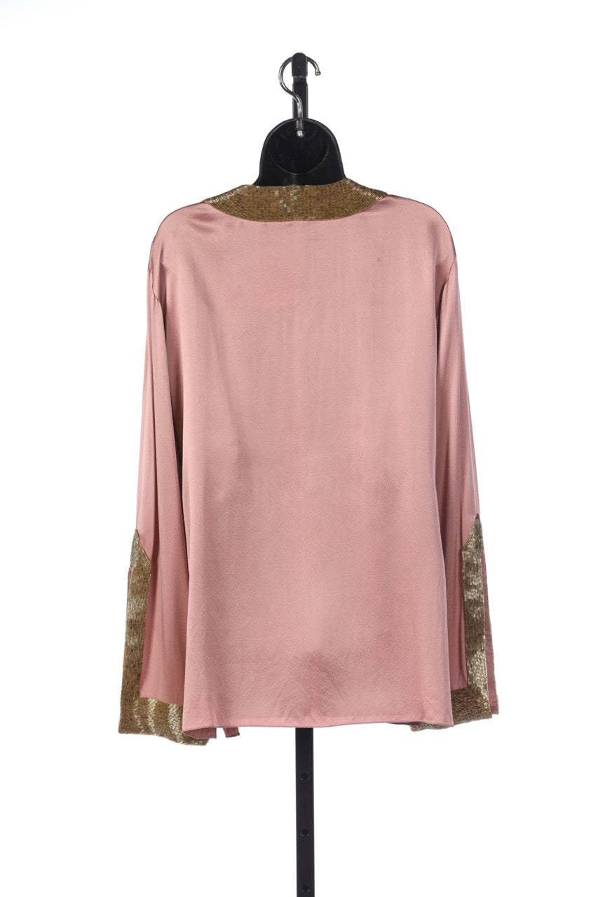 Roberto Cavalli Rose w Gold Beading V-Neck Embellished Tunic Blouse