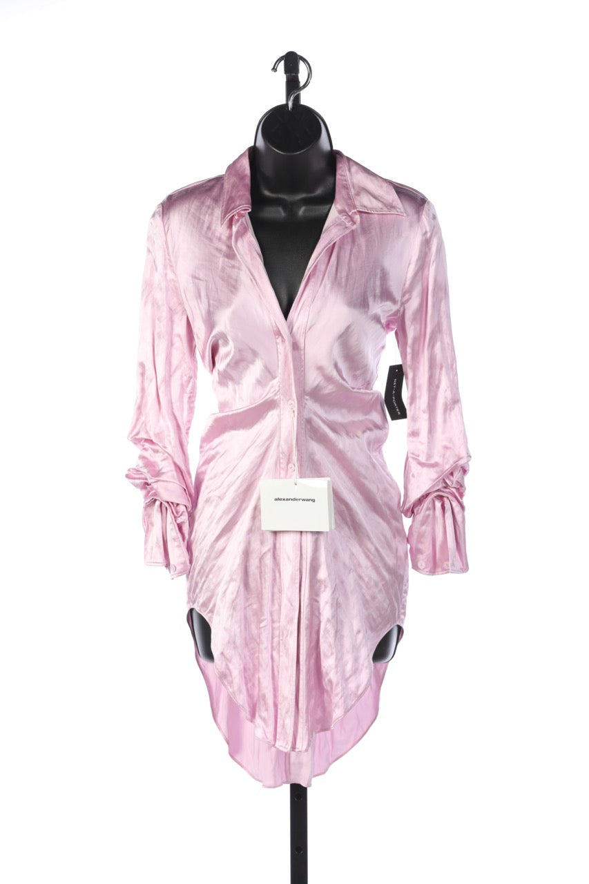 Alexander Wang "Pink Nipped" Satin Cinched Waist Button Up Blouse NWT