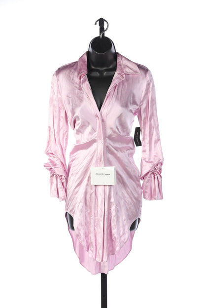 Alexander Wang "Pink Nipped" Satin Cinched Waist Button Up Blouse NWT