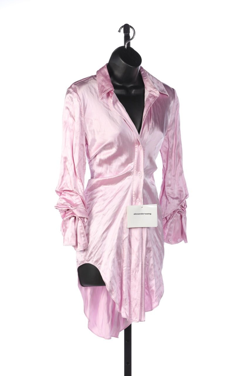 Alexander Wang "Pink Nipped" Satin Cinched Waist Button Up Blouse NWT