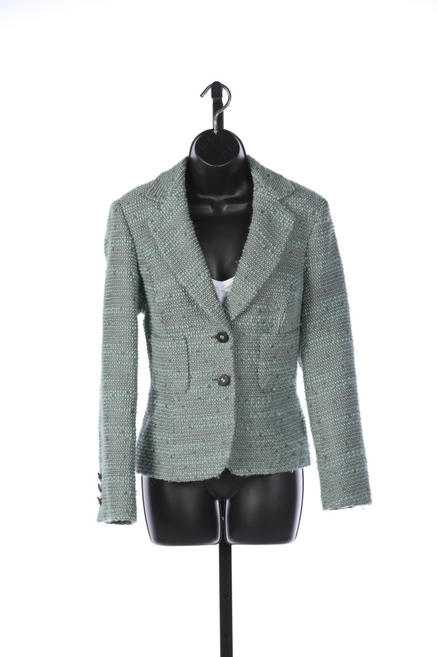 Escada Light Teal & Grey Tweed Double Button Blazer