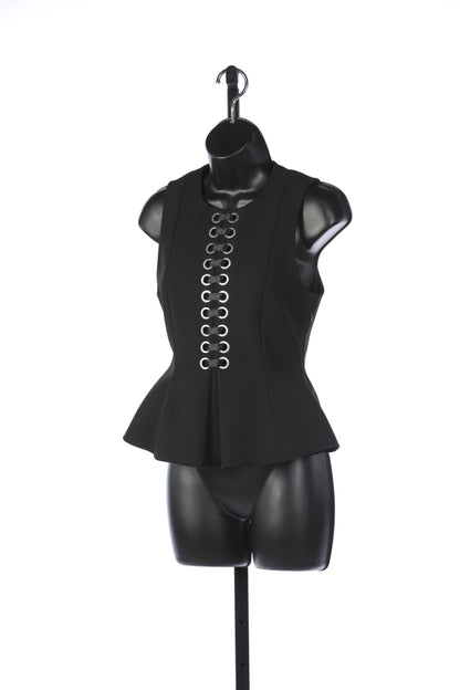 Alexander Wang Black Lace Up Sleeveless Peplum Top with Silver Hardware