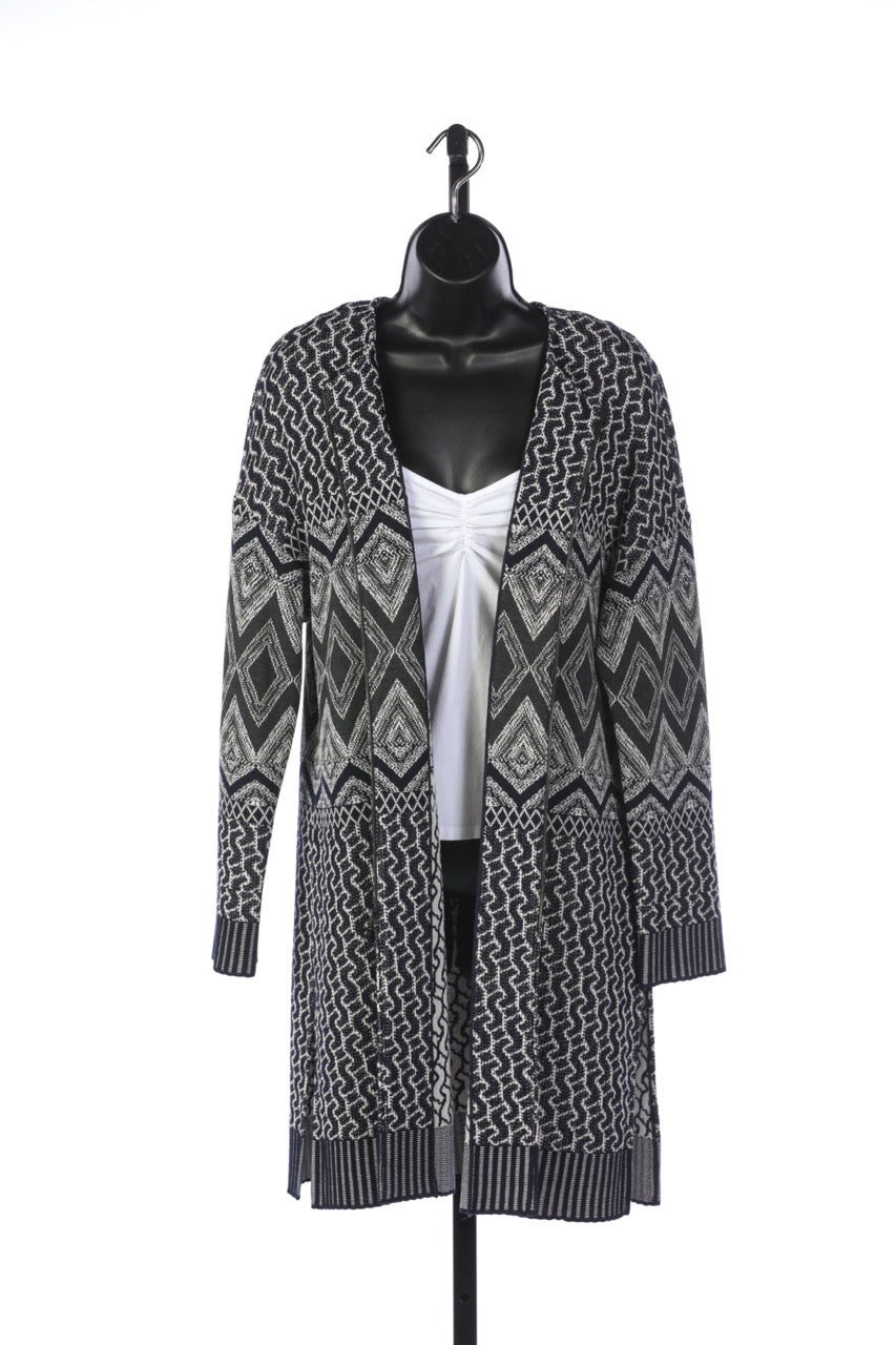 St. John Wool Navy Grey White Patterned Long Sleeve Zip-Up Sweater Coat