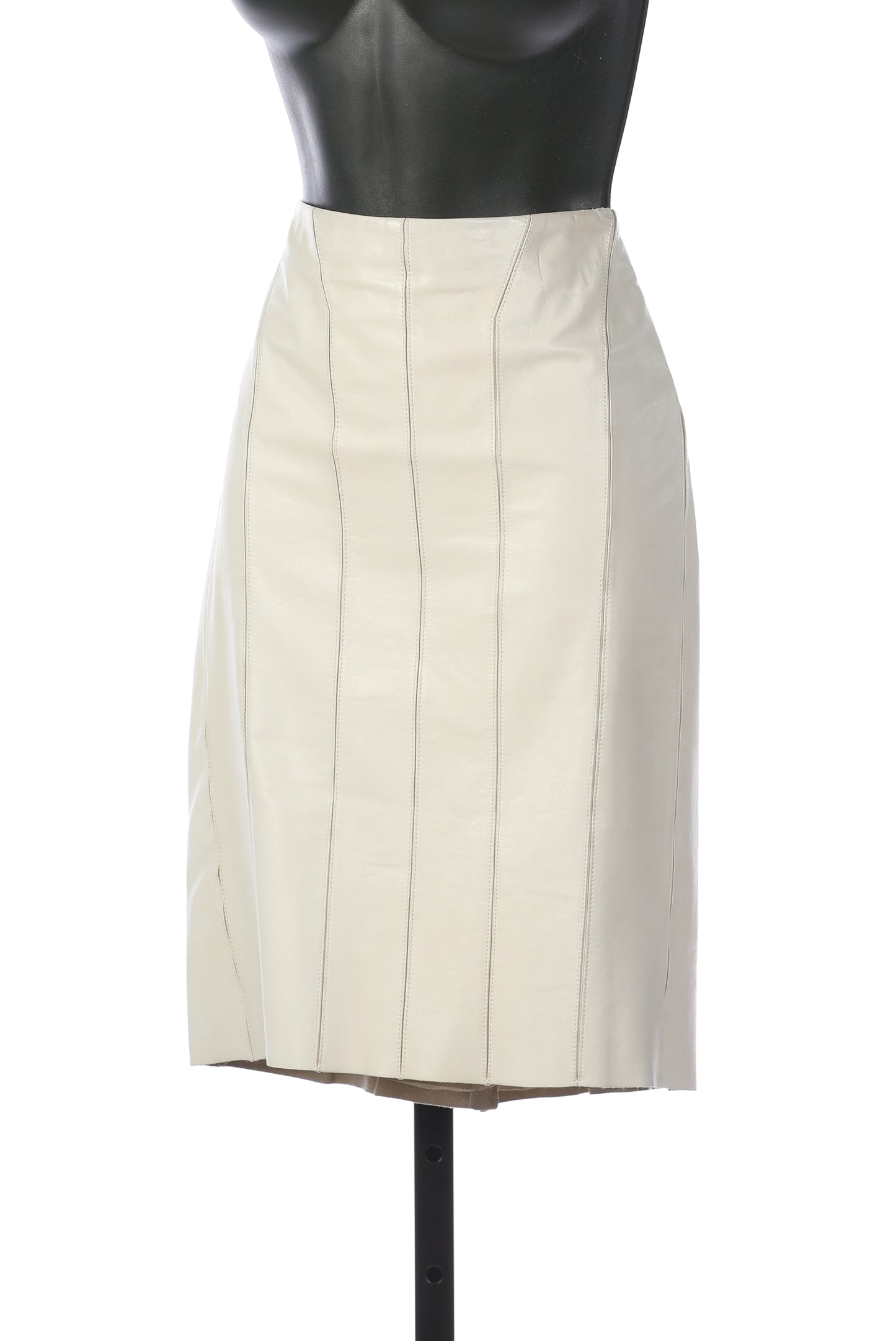 Gucci Vintage Leather Off-White Knee-Length Skirt w/ Stitch Detail