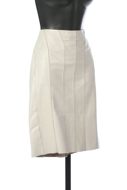 Gucci Vintage Leather Off-White Knee-Length Skirt w/ Stitch Detail