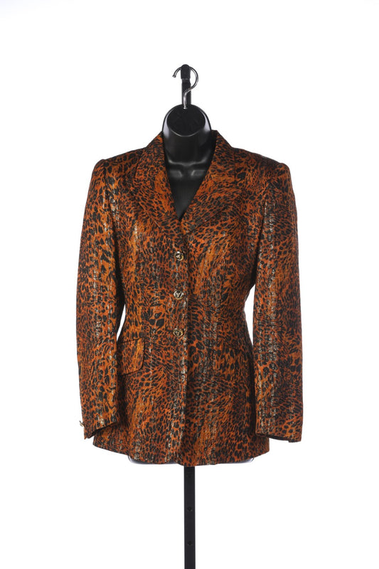 Escada Brown Black & Gold Leopard Print Button Up Jacket w Leopard Head Buttons