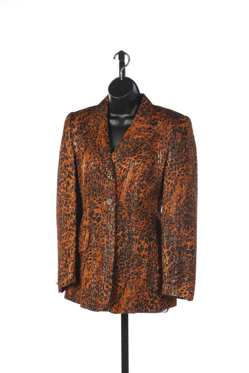 Escada Brown Black & Gold Leopard Print Button Up Jacket w Leopard Head Buttons