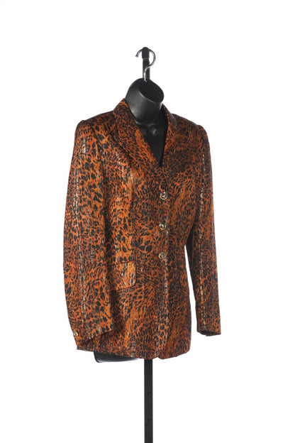 Escada Brown Black & Gold Leopard Print Button Up Jacket w Leopard Head Buttons