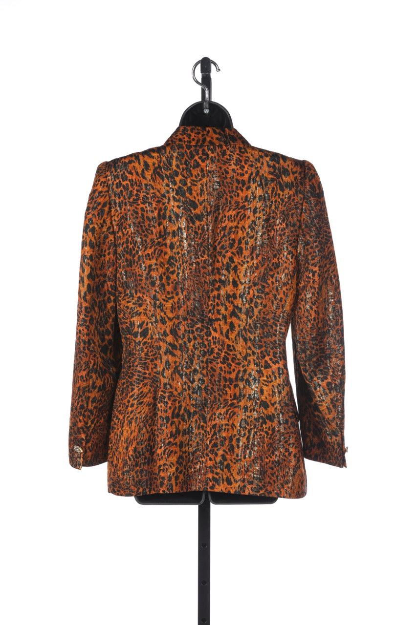 Escada Brown Black & Gold Leopard Print Button Up Jacket w Leopard Head Buttons