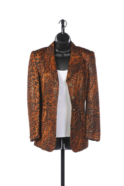 Escada Brown Black & Gold Leopard Print Button Up Jacket w Leopard Head Buttons