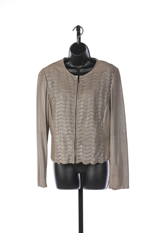 Armani Collezioni Lambskin Taupe Shimmer Tiered Scallop Hem Zip Up Jacket