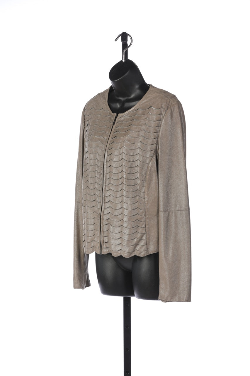 Armani Collezioni Lambskin Taupe Shimmer Tiered Scallop Hem Zip Up Jacket