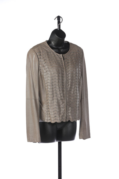 Armani Collezioni Lambskin Taupe Shimmer Tiered Scallop Hem Zip Up Jacket