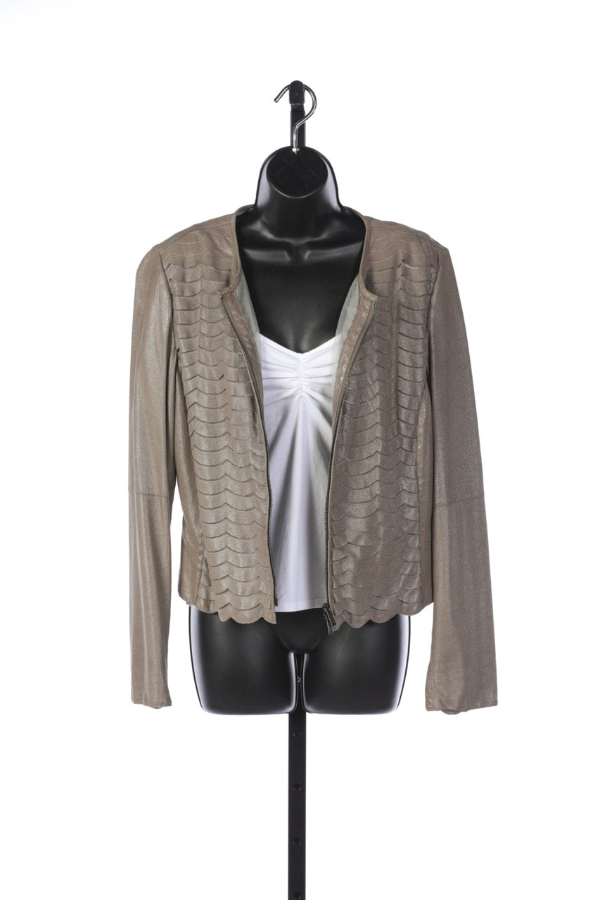 Armani Collezioni Lambskin Taupe Shimmer Tiered Scallop Hem Zip Up Jacket