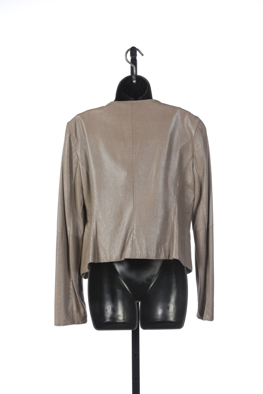 Armani Collezioni Lambskin Taupe Shimmer Tiered Scallop Hem Zip Up Jacket