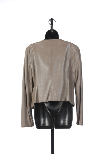 Armani Collezioni Lambskin Taupe Shimmer Tiered Scallop Hem Zip Up Jacket