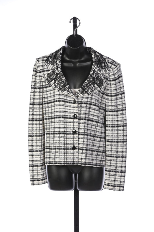 St. John Black & White Plaid Button Down Jacket w/ Floral Pattern on Lapel